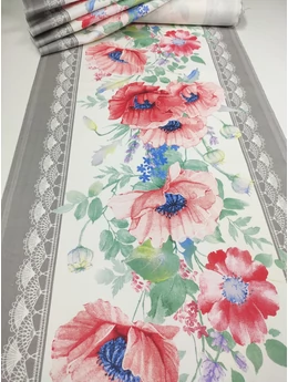 mintás pamutvászon /50 cm széles /bordűrös /pipacsok (legnagyobb 9.5cm×14cm) /fehér-szürke