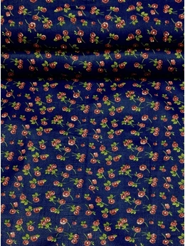 mintás pamutvászon /népi apró rózsák szárral (rózsa levél nélkül 2cm×1cm) /sötétkék