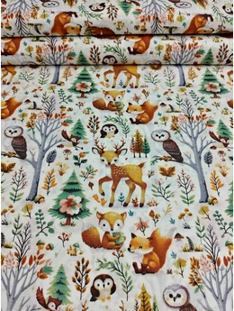 mintás pamutvászon /bagoly és az erdő lakói (szarvas 7,5cm×11,2cm) /fehér