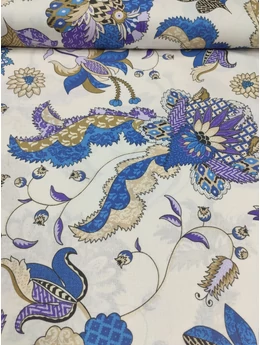 mintás pamutvászon /díszes keleti virágok (legnagyob virág 19cm×20.9cm) /drapp-sötétkék
