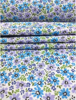 mintás pamutvászon /türkiz-lila színű mezei virágok (legnagyobb virág 2cm×1,8cm) /fehér