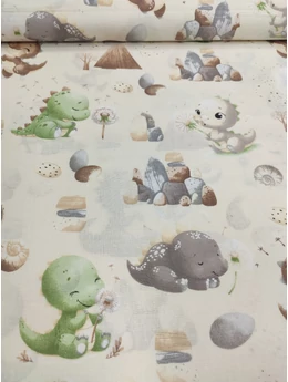 mintás pamutvászon /játékos bébi dínók (vulkán füsttel 9,2×6,6cm) /világos drapp