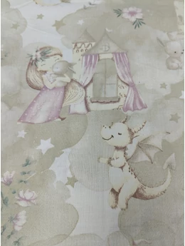 mintás pamutvászon /varázslatos felhőország (sárkány hercegnővel 17cm×13cm) /drapp