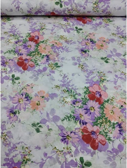 mintás pamutvászon /lila-korall csokrok (nagy csokor 35cm×32cm) /fehér /220cm széles