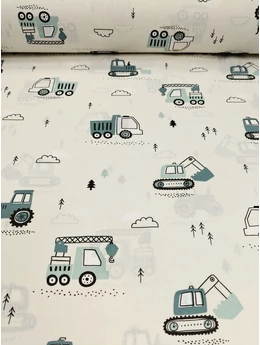mintás pamutvászon /traktorok és munkagépek (traktor 6,6cm×5,3cm) /natúr-petrol