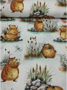 mintás pamutvászon /capybara család napjai (capybara párnákon (12,5cm×12,7cm) /törtfehér