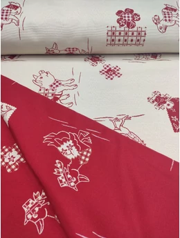 jacquard mintás LONETA vastag vászon /kockás tanyasi állatok (kakas 11cm×12.3cm) /drapp-bordó
