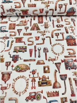 elasztikus mintás pamut jersey GOTS minősítéssel /rozsdás robotok (színes mintás busz 1.6cm×2.2cm) /fehér