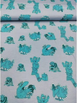 elasztikus mintás pamut jersey DIGITAL print /mese a kislányról (madár csokival 5cm×4.5cm) /szürke