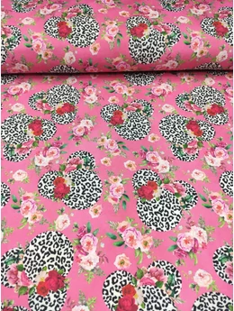 elasztikus mintás futter DIGITAL PRINT /párduc mintás Minnie fejek (Minnie fej rózsával 9cm×9cm) /pink