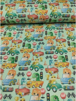 elasztikus mintás pamut jersey DIGITAL PRINT /versenyző dinoszauroszok (kék autós triceratopsz 4.2cm×4.7cm) /világoszöld