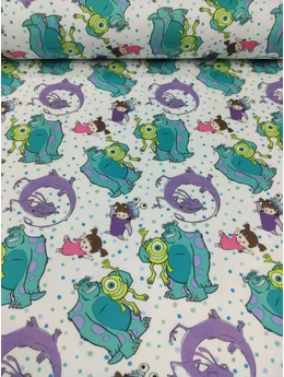 elasztikus mintás futter DIGITAL PRINT /Szörny Rt. (Mike és Sulley 6.2cm×7.3cm) /fehér