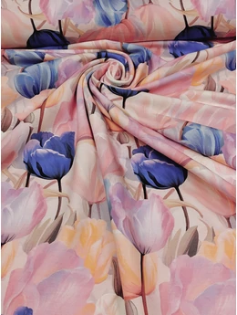 elasztikus mintás futter DIGITAL print /festett tulipánok (viharkék tulipán fej 8cm×8,6cm) /barackrózsaszín