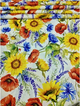 vízlepergetős mintás Sunshine anyag /vadvirágok (margaréta 10,4cm×7cm) /fehér