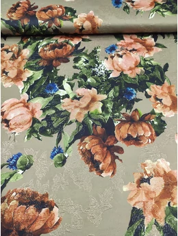 lurex szállal szőtt jacquard szövet /nagy virágok levelekkel (legnagyobb virág feje 12cm×12cm) /világos khaki
