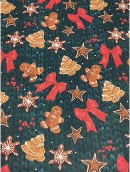 elasztikus mintás plüssvelúr /mézes karácsony (mézeskalács fenyőfa 5cm×5cm) /sötét fenyőzöld