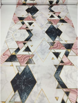 mintás HEKTOR vízhatlan anyag /80cm széles /fekete-rózsaszín geometriai mintás (nagyobb fekete háromszög 6x6cm) /világosszürke márvány