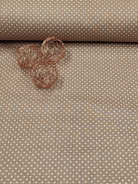Taupe barna-fehér pöttyös 100%pamut, 140cm széles mintás pamutvászon, oeko tex minősítéssel.