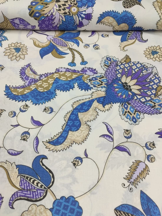 mintás pamutvászon /díszes keleti virágok (legnagyob virág 19cm×20.9cm) /drapp-sötétkék(FÉLMÉTER)