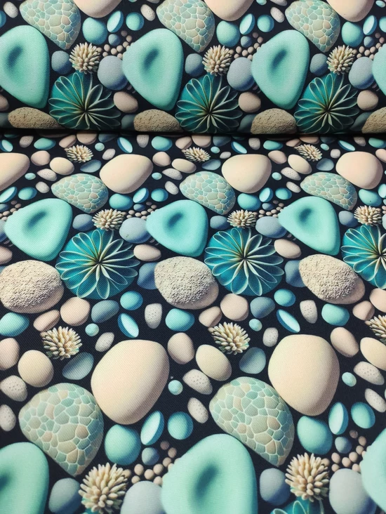 vízlepergetős mintás vastag vászon /canvas /menta-drapp kavicsok (mozaikos kavics 6cm×4.5cm) /fekete(FÉLMÉTER)