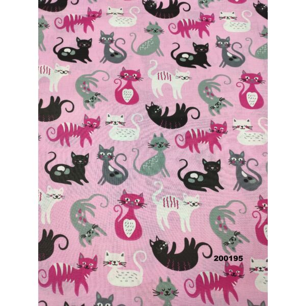 mintás pamutvászon /fekete-pink cicák (domborító cica 8cm × 8cm) /rózsaszín