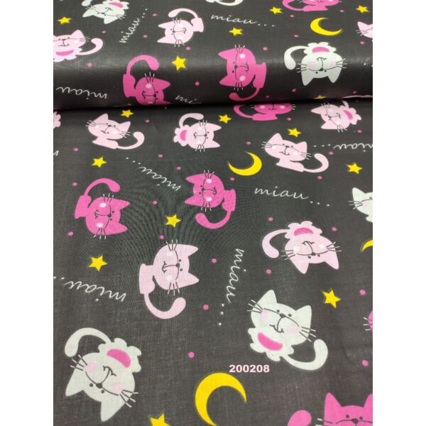 mintás pamutvászon /éjszakai cicák (pink cica 6.5cm × 4.5cm) /fekete