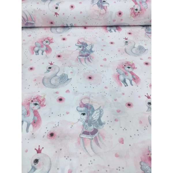 mintás pamutvászon /unikornis-hattyúk 6,5 cm*8,5 cm/ fehér(Félméter)