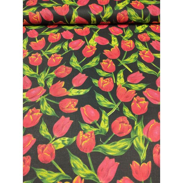 mintás pamutvászon /piros tulipánok (legnagyobb virág feje 3.7cm×3.5cm) /fekete
