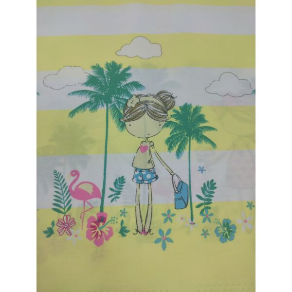mintás pamutvászon /bordűrös /nyaraló kislány (kislány táskával 8cm×15cm) /sárga-fehér