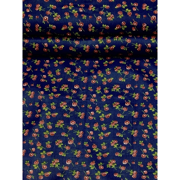 mintás pamutvászon /népi apró rózsák szárral (rózsa levél nélkül 2cm×1cm) /sötétkék