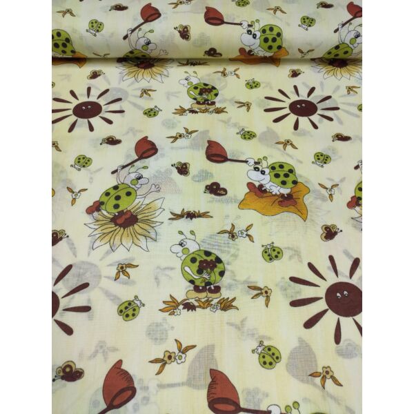 kevertszálas mintás vászon /lepkefogó katicák (katica levéllel 15cm×15cm) /világossárga melange