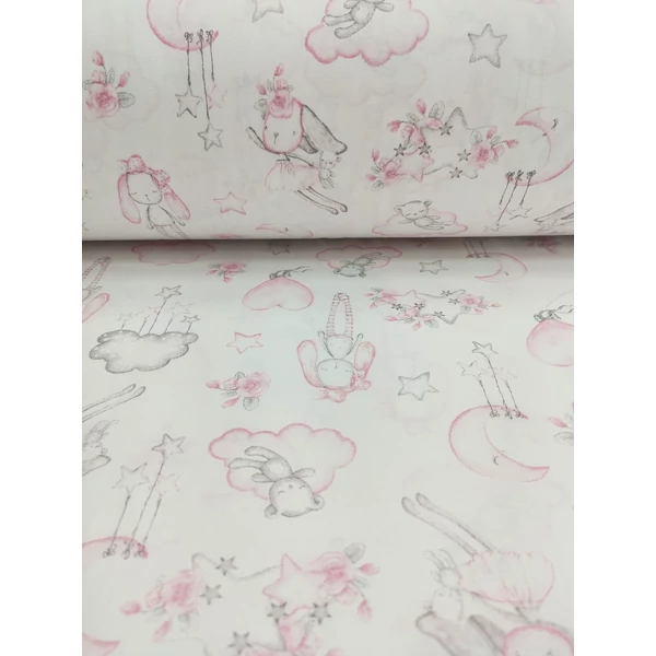 mintás pamutvászon /álmodozó nyuszi (nyuszi repülővel 11cm×16cm) /fehér-rózsaszín