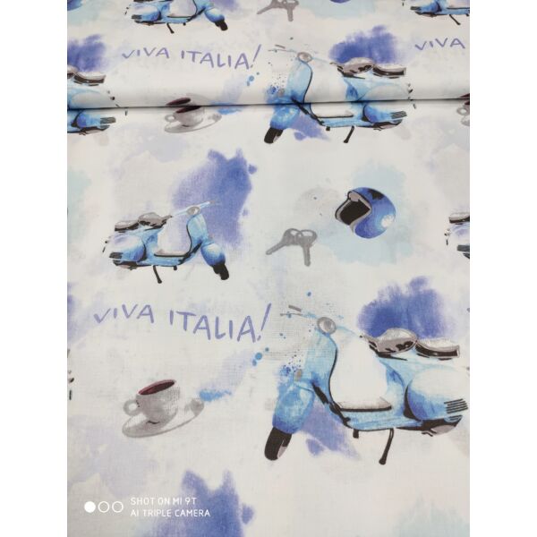 mintás pamutvászon /"Viva Italia!" (kék Vespa robogó 16.3cm×12.5cm) /fehér