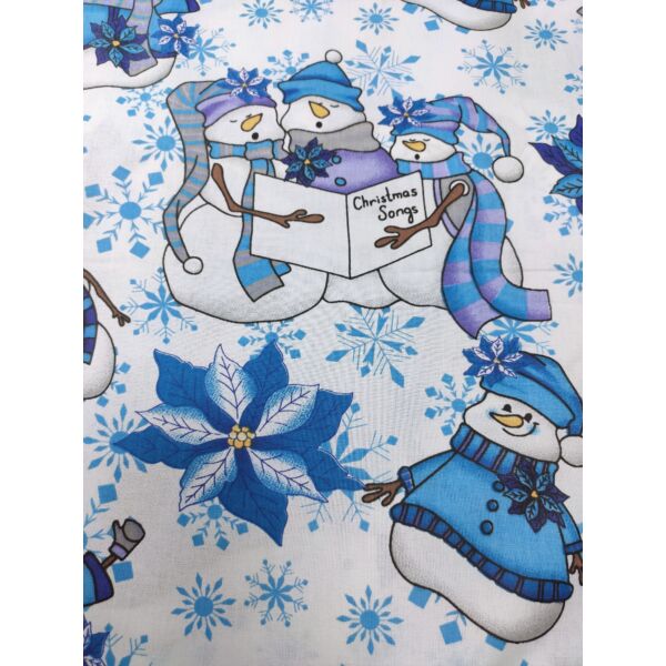 mintás pamutvászon /karácsonyi ének (éneklő hóemberek 21cm×19cm) /fehér-kék
