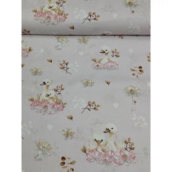 mintás pamutvászon /hattyú család tavirózsával (hattyú mama a kicsivel 12cm×12cm) /pasztell rózsaszín