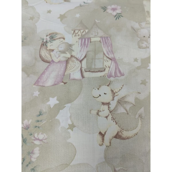 mintás pamutvászon /varázslatos felhőország (sárkány hercegnővel 17cm×13cm) /drapp