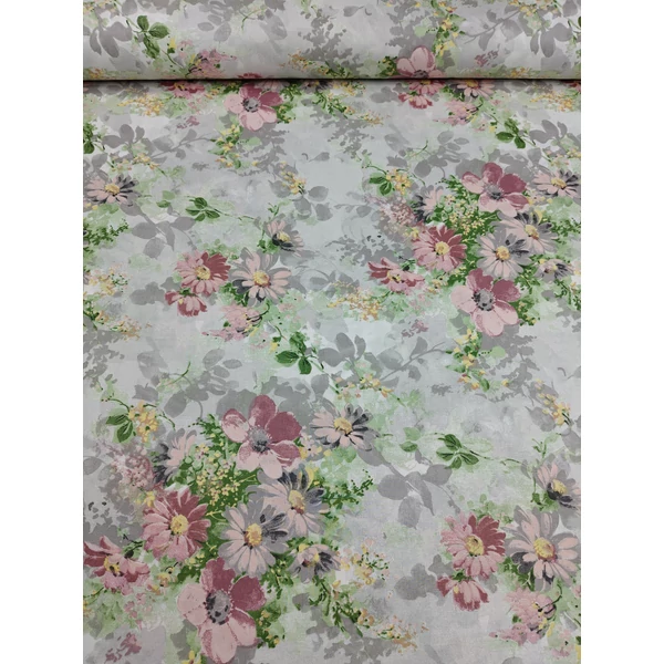 mintás pamutvászon /mályva-szürke csokrok (nagy csokor 35cm×32cm) /szürke /220cm széles