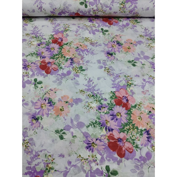 mintás pamutvászon /lila-korall csokrok (nagy csokor 35cm×32cm) /fehér /220cm széles(FÉLMÉTER)