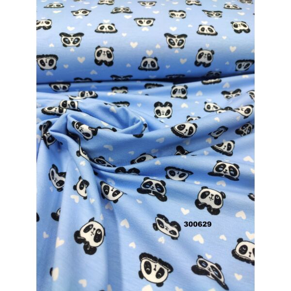 elasztikus mintás pamut jersey /szerelmes panda macik (panda 2.5cm × 2cm) /világoskék