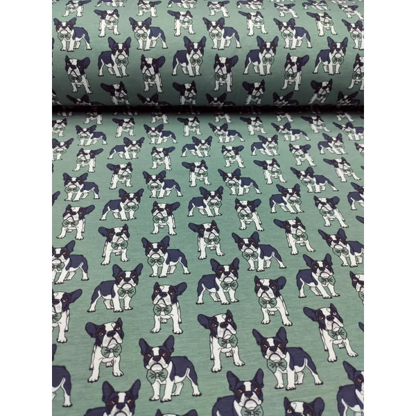 elasztikus mintás pamut jersey /francia bulldog csokornyakkendővel (bulldog 3.5cm*4cm) /kákazöld(FÉLMÉTER)