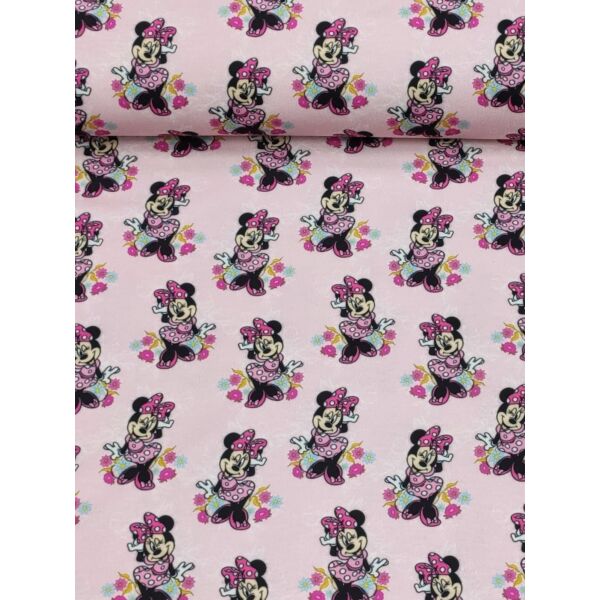 elasztikus mintás pamut jersey DIGITAL print /Minnie egér virágokkal (Minnie 5.2cm×3.4cm) /rózsaszín(FÉLMÉTER)