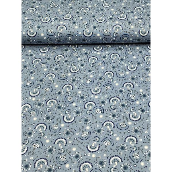 elasztikus mintás pamut jersey /sötétkék-zöld virágok (két virág együtt 2cm×4.2cm) /szürkéskék
