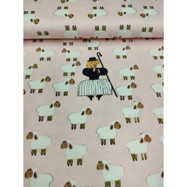 elasztikus mintás pamut jersey DIGITAL print /bárányokat terelő pásztor (ifjú pásztor 5.5cm×6.9cm) /rózsaszín