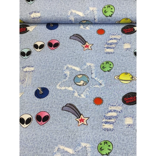 elasztikus mintás futter /földönkívüliek a galaxisban (rózsaszín UFO feje 3.5cm×3.6cm) /farmerkék melange(FÉLMÉTER)