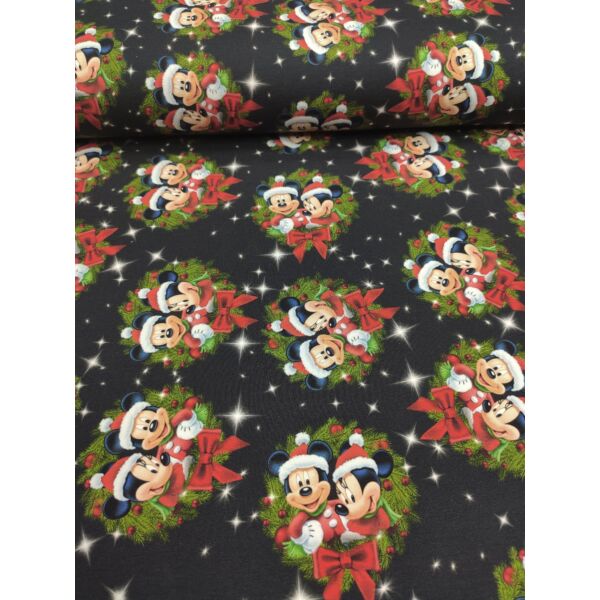 elasztikus mintás futter /Mickey és Minnie karácsonya (koszorú 8.9cm×10cm) /fekete