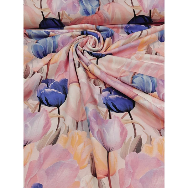elasztikus mintás futter DIGITAL print /festett tulipánok (viharkék tulipán fej 8cm×8,6cm) /barackrózsaszín