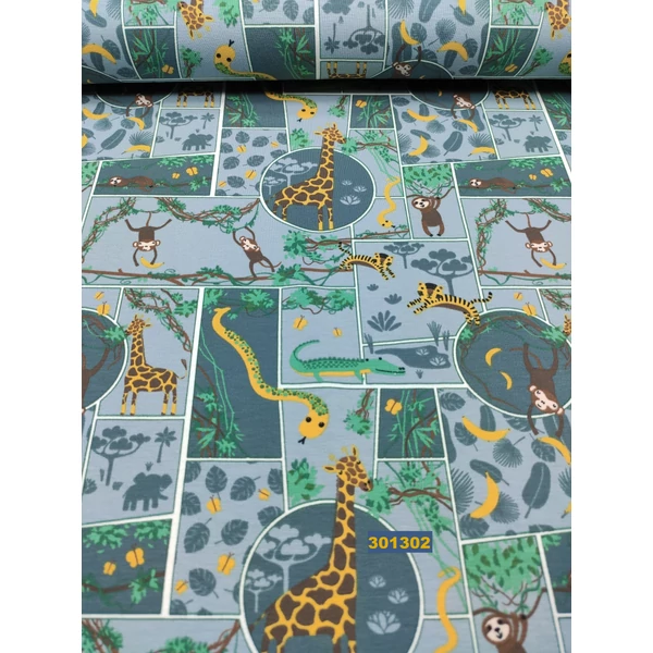 elasztikus mintás pamut jersey /safari (krokodil5,5 cm*2cm) /világoskék(FÉLMÉTER)