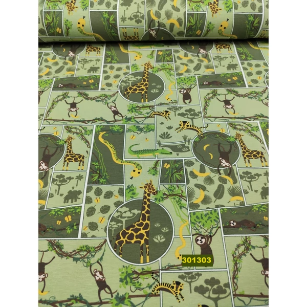 elasztikus mintás pamut jersey /safari (krokodil5,5 cm*2cm) /világoszöld(FÉLMÉTER)