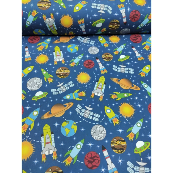 mintás fürdőruha jersey /űrhajók és bolygók (nap 3.3cm×3.3cm) /középkék(FÉLMÉTER)