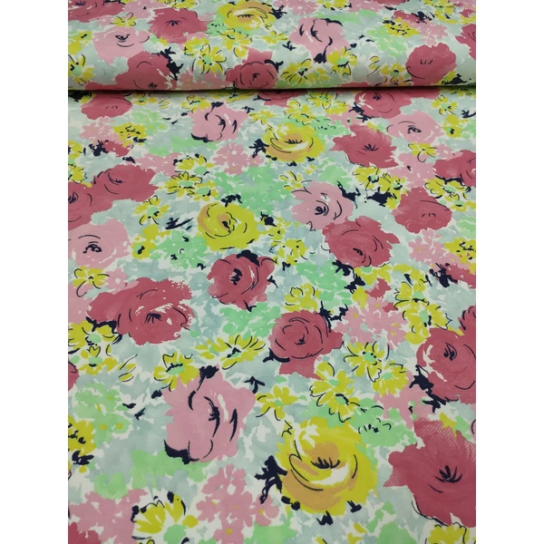 elasztikus mintás twill jersey /rózsaszín-sárga rózsás (sárga rózsa feje 6cm×5.2cm) /fehér(FÉLMÉTER)